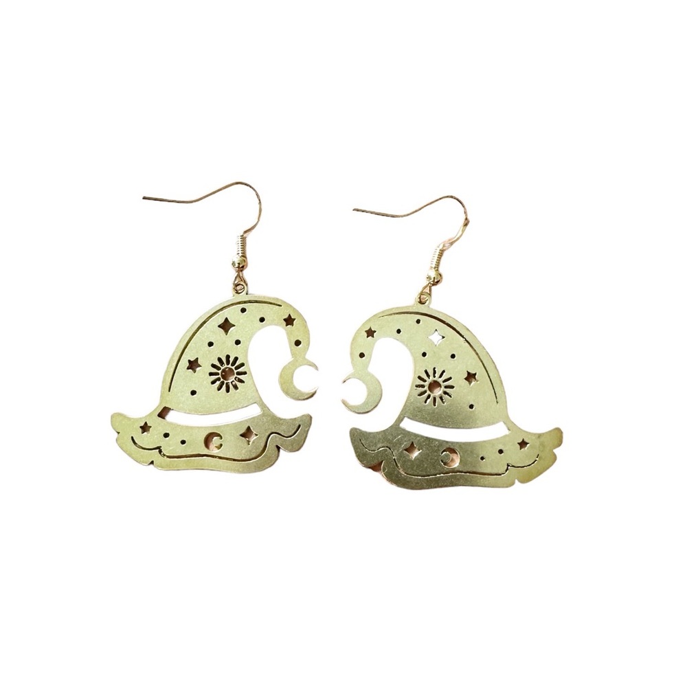 Vintage Gold Plated Wizard Hat Celestial Dangle 925 Fish Hook Earrings